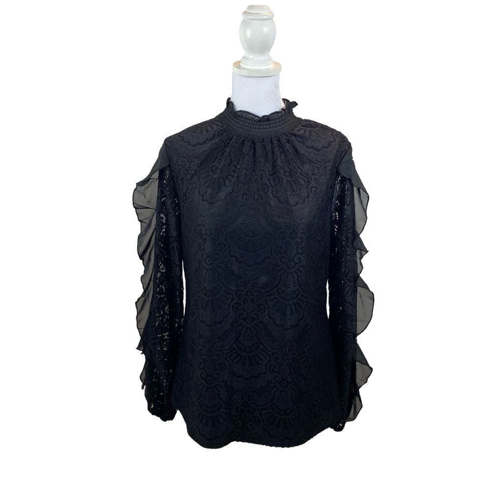 New With Tags BY Design brand‎ Merideth Smocked Neck Black Lace Blouse Medium
